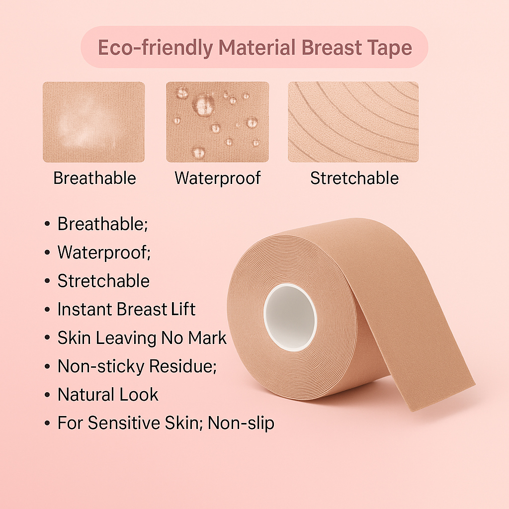Eco-friendly breathable waterproof stretch breast tape roll with feature icons and benefits list