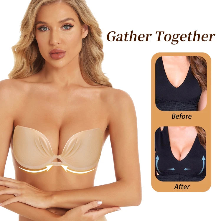 Model wearing nude adhesive bra demonstrating NipLift “gather together” cleavage effect with before-and-after inset