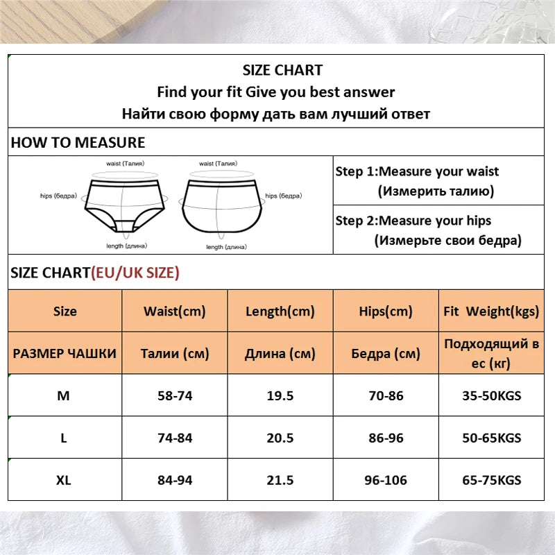 Size chart and measuring guide for NipLift seamless panties—waist, hip and length in centimeters for EU/UK sizes M-XL