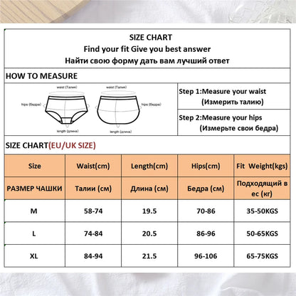 Size chart and measuring guide for NipLift seamless panties—waist, hip and length in centimeters for EU/UK sizes M-XL