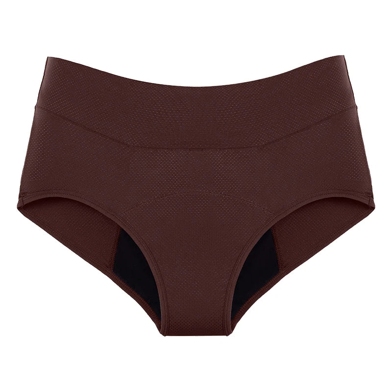 High-waisted seamless brown panty with textured fabric and black leak-proof lining, front view