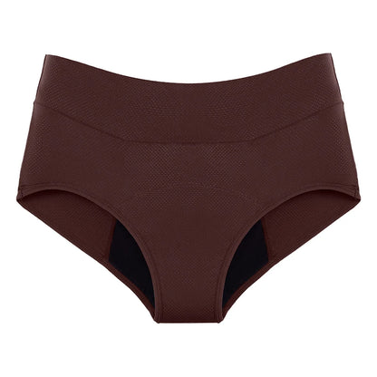 High-waisted seamless brown panty with textured fabric and black leak-proof lining, front view